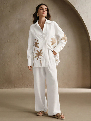 Anewsta Ladies' Woven Craft Embroidered Apricot Long Sleeved Shirt