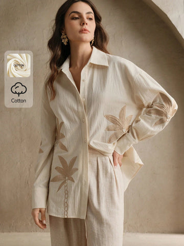 Anewsta Ladies' Woven Craft Embroidered Apricot Long Sleeved Shirt