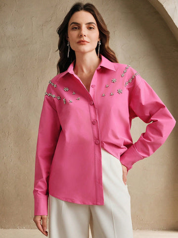Anewsta Acrylic Stone Decor Elegant Urban Style Collared Shirt