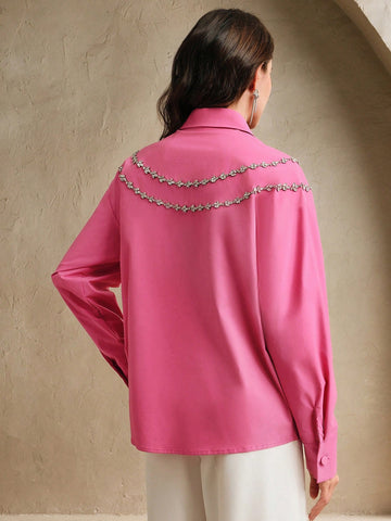 Anewsta Acrylic Stone Decor Elegant Urban Style Collared Shirt