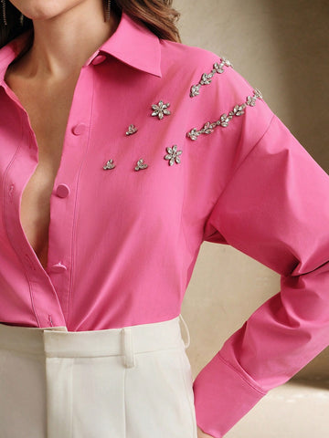 Anewsta Acrylic Stone Decor Elegant Urban Style Collared Shirt