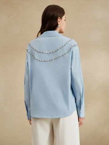 Anewsta Acrylic Stone Decor Elegant Urban Style Collared Shirt