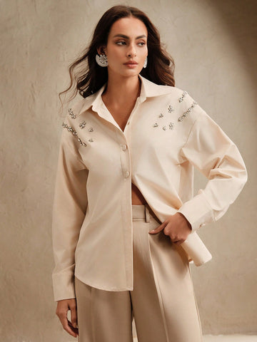 Anewsta Acrylic Stone Decor Elegant Urban Style Collared Shirt
