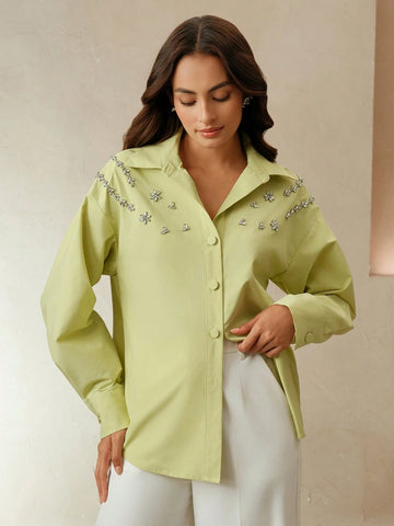 Anewsta Acrylic Stone Decor Elegant Urban Style Collared Shirt