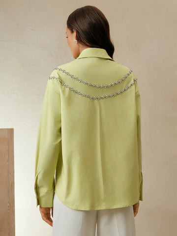 Anewsta Acrylic Stone Decor Elegant Urban Style Collared Shirt