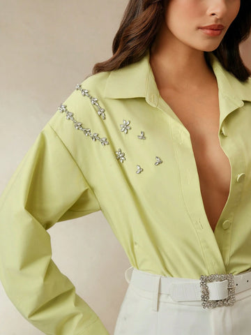 Anewsta Acrylic Stone Decor Elegant Urban Style Collared Shirt