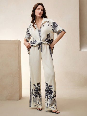 Elegant Loose Casual Vintage-Style Printed Blouse And Wide Leg Pants