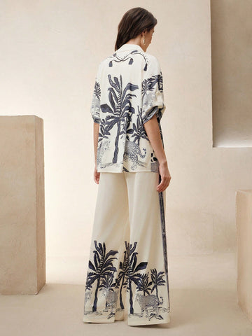 Elegant Loose Casual Vintage-Style Printed Blouse And Wide Leg Pants