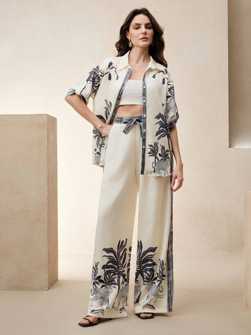 Elegant Loose Casual Vintage-Style Printed Blouse And Wide Leg Pants