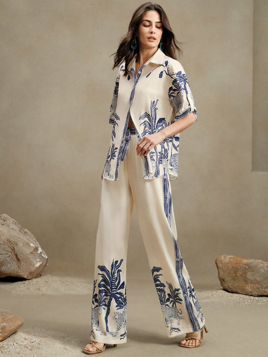 Elegant Loose Casual Vintage-Style Printed Blouse And Wide Leg Pants