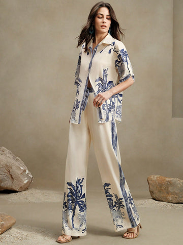 Elegant Loose Casual Vintage-Style Printed Blouse And Wide Leg Pants