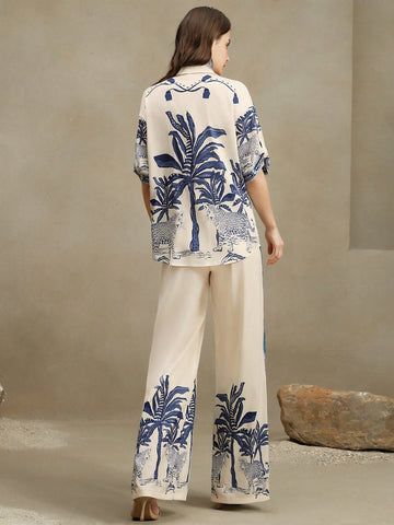 Elegant Loose Casual Vintage-Style Printed Blouse And Wide Leg Pants