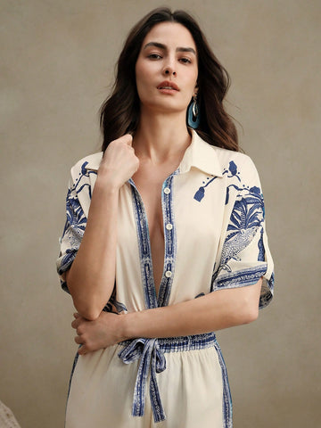 Elegant Loose Casual Vintage-Style Printed Blouse And Wide Leg Pants