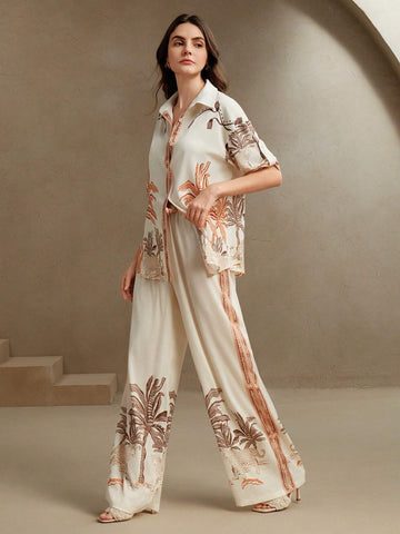 Elegant Loose Casual Vintage-Style Printed Blouse And Wide Leg Pants