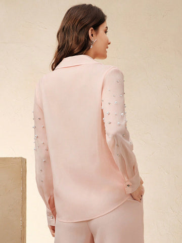 Anewsta Luxury Elegant Sheer Long Sleeve Shirt With Rhinestone Studded Button Design