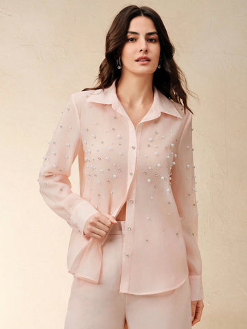 Anewsta Luxury Elegant Sheer Long Sleeve Shirt With Rhinestone Studded Button Design