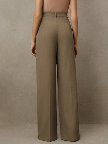 Anewsta Casual Straight High Waist Solid Color Trousers
