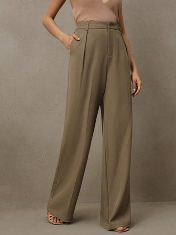 Anewsta Casual Straight High Waist Solid Color Trousers