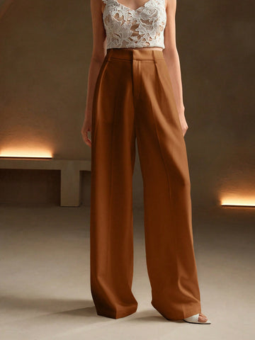 Anewsta Casual Straight High Waist Solid Color Trousers