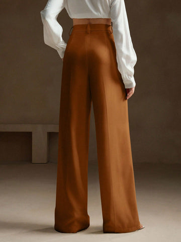Anewsta Casual Straight High Waist Solid Color Trousers