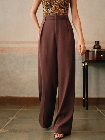 Anewsta Casual Straight High Waist Solid Color Trousers