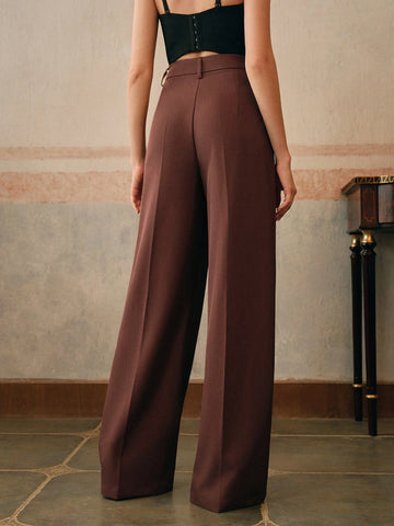 Anewsta Casual Straight High Waist Solid Color Trousers