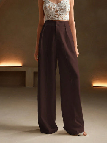 Anewsta Casual Straight High Waist Solid Color Trousers
