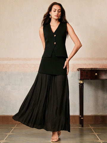 Anewsta Women's Solid Color Single Breasted Knit Vest & Long Pleated Knit Midi Skirt Set