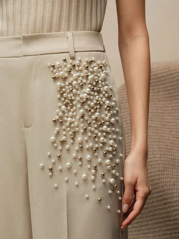 Modern Fashion Pearl Embellished Pocketed Women's Elegant Press Crease Pants