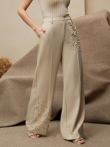 Modern Fashion Pearl Embellished Pocketed Women's Elegant Press Crease Pants