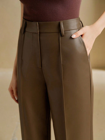 Anewsta Women's Loose Fashion New High-Quality Soft Leather Wide-Leg Pants