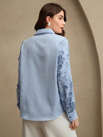 Loose Fit Blue & White Striped Patchwork Embroidered Blouse