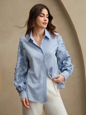 Loose Fit Blue & White Striped Patchwork Embroidered Blouse
