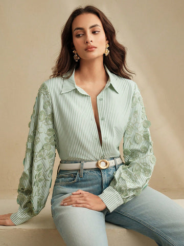 Loose Fit Blue & White Striped Patchwork Embroidered Blouse