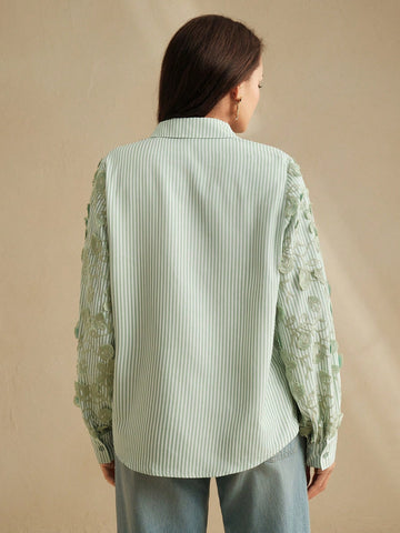 Loose Fit Blue & White Striped Patchwork Embroidered Blouse