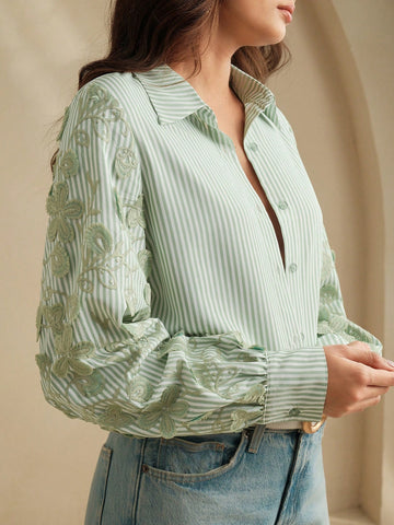 Loose Fit Blue & White Striped Patchwork Embroidered Blouse