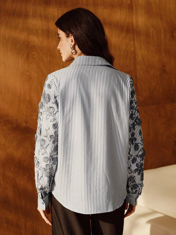 Loose Fit Blue & White Striped Patchwork Embroidered Blouse