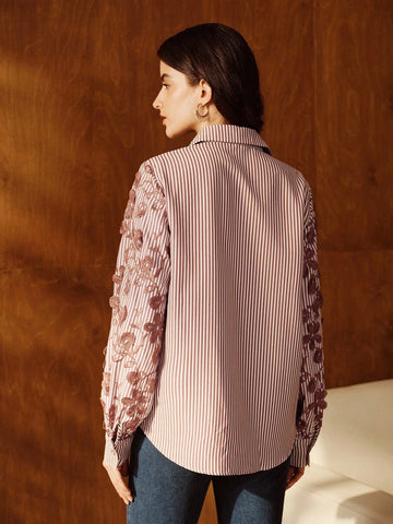 Loose Fit Blue & White Striped Patchwork Embroidered Blouse