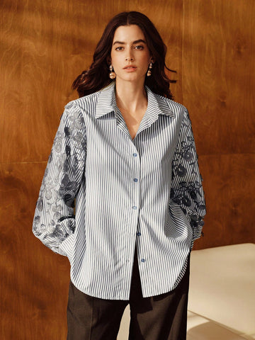 Loose Fit Blue & White Striped Patchwork Embroidered Blouse