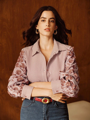 Loose Fit Blue & White Striped Patchwork Embroidered Blouse