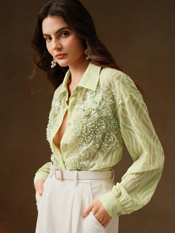 Anewsta Vintage French Elegant Floral 3D Beaded Hollow Out Long Sleeve Jacquard Casual T-Shirt