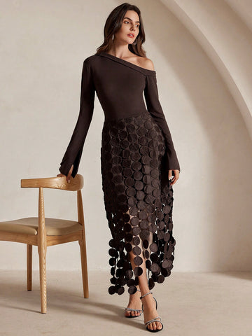 Sexy Slim-Fit High Waist Slash Shoulder Long Sleeve Drapey Hollow Out Tassel Mini Dress