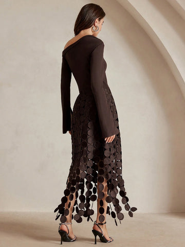 Sexy Slim-Fit High Waist Slash Shoulder Long Sleeve Drapey Hollow Out Tassel Mini Dress