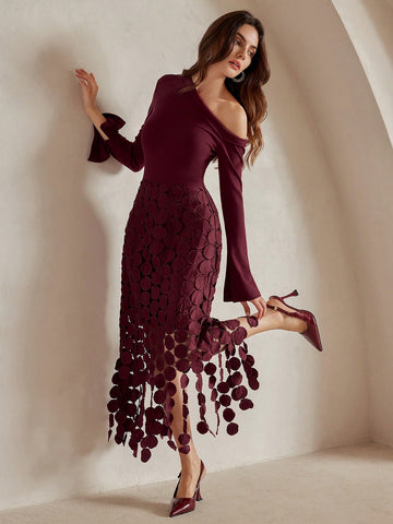 Sexy Slim-Fit High Waist Slash Shoulder Long Sleeve Drapey Hollow Out Tassel Mini Dress