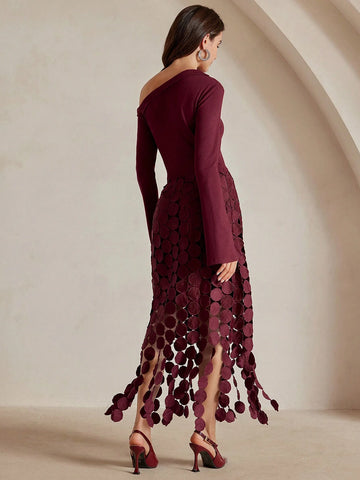 Sexy Slim-Fit High Waist Slash Shoulder Long Sleeve Drapey Hollow Out Tassel Mini Dress