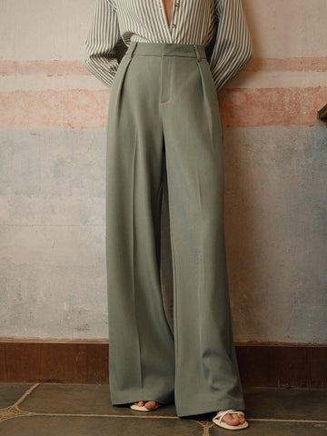 Anewsta Casual Straight High Waist Solid Color Trousers