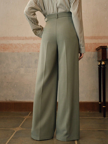 Anewsta Casual Straight High Waist Solid Color Trousers