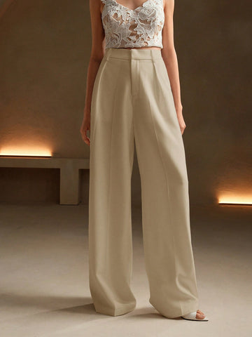 Anewsta Casual Straight High Waist Solid Color Trousers