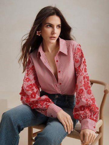 Loose Fit Blue & White Striped Patchwork Embroidered Blouse