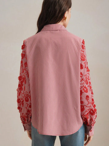 Loose Fit Blue & White Striped Patchwork Embroidered Blouse